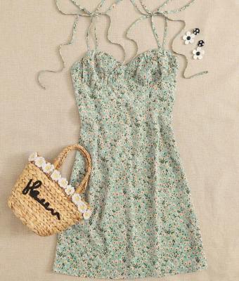 China Anti-Static Tied Shoulder Ruched Bust Cheeky Floral Cami Dress for sale