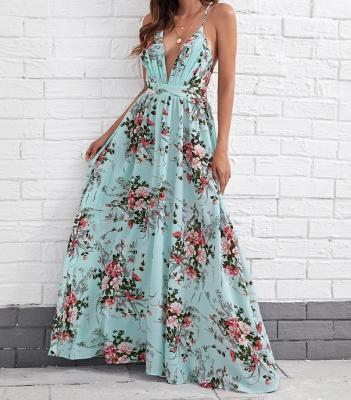 China Anti-Static Cross Backless Floral Maxi Dress for sale