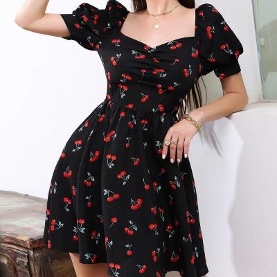 China Antistatic All Over Cherry Sweetheart Neck Dress for sale