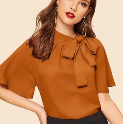 China Anti-Shrink Tie Neck Women Float Sleeve Elegant Lady Shirt Fashion Blouse for sale