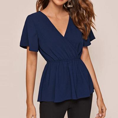 China Surplice Front Casual Ladies Solid Women Anti-Shrink Shirts Blouses for sale