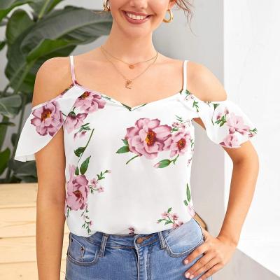 China Madame Ruffle Casual Floral Anti-Shrink Women's Sling Blouses Chiffon Shirt for sale