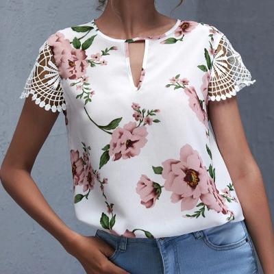 China Lady Feminine Anti-Shrink Shirt Casual Keyhole Neck Elegant Women Guipure Lace Sleeve Floral Print Blouse for sale