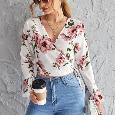 China Anti Shrinkage Ladies Throw Sleeve Tie Front Wrap Tie Side Floral Crop Tops Women's Blouses 2020 Autumn for sale