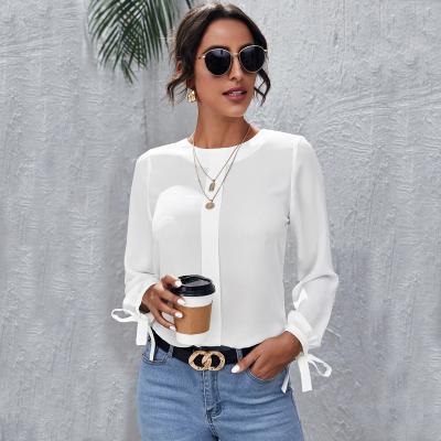 China Cuff Ladies Solid Keyhole Anti Shrink Back Tied Casual Shirts Fashion Blouse Clothes for sale