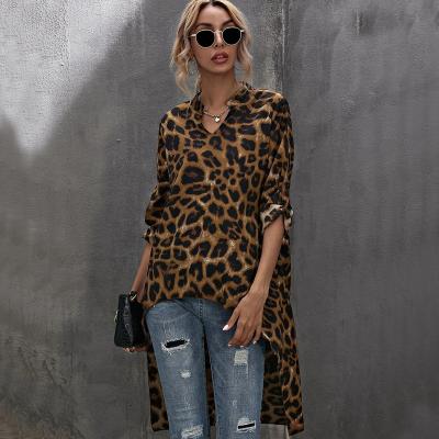 China High Low Casual Leopard Notch Women Shirts Blouses Ladies Anti-Shrink Neck for sale