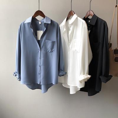 China 2021 Korean Spring Women's Clothing Fashion Long Sleeve Shirt Tops Pocket Collar Anti-pilling Ladies Blouses for sale