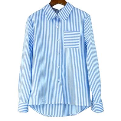 China Newest Design Ladies Anti-pilling Striped Blouse Shirt Roll Top Tab Top Long Sleeve Patch Pocket for sale