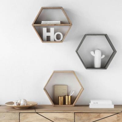 China China Household Living Room Wall Hexagonal Background Mini Wall Frame Simple Solid Wood Creative Hanging Wall Shelf Storage Rack for sale