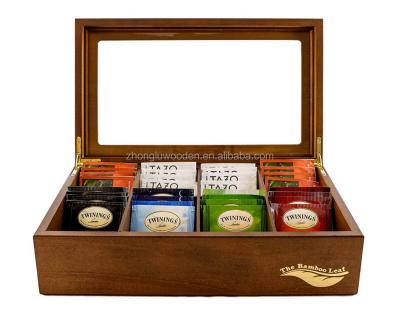 China Handmade wooden tea storage chest box with 8 compartments and stained glass for sale