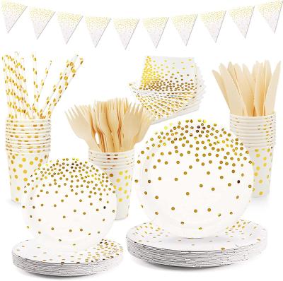 China White and Gold Party Paper Tableware, 176 PCs, Gold Foil Dots Party Supplies Party Tableware, Dinnerware Set, Gold Party Dishes for sale