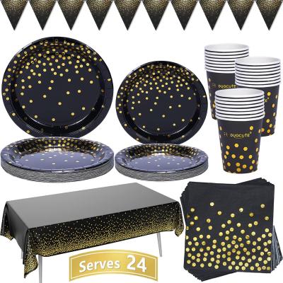 China Pe Dot Theme Black White Blue Paper Cup Paper Plate Tablecloth Pennant Holiday Wedding Party Pink Gold Decoration Set 24 for sale