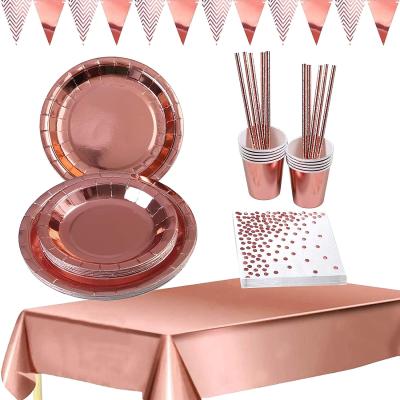 China Rose Gold Party Tableware Set of Paper, Paper Plates, Napkins, Cups, Straws, Banner, Tablecloth for Birthday Decorations Baby Shower for sale