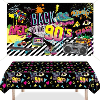 China Pe 90s Party Backdrop And Tablecloth Supplies Set Back To 90s Birthday Party Table Cover For 90s Hip Hop Theme Party Decorations for sale