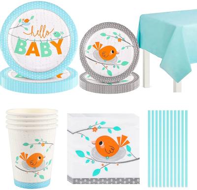 China Baby shower party tableware paper set, banner, dish cup, tablecloth, napkins, tableware kit for a boy party wedding decoration for sale