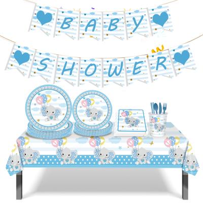 China Blue Elephant Baby Shower Decoration Paper Plate Cup Pull Flag Tablecloth Birthday Party Elephant Theme Paper Boy For Birthday Party for sale