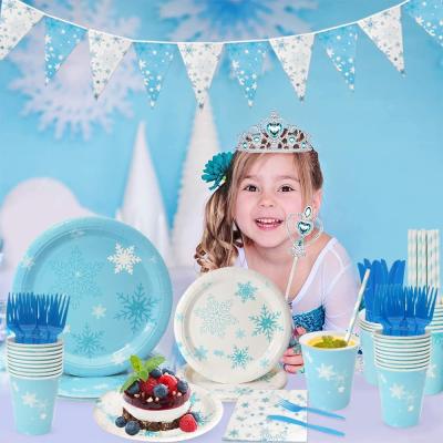 China Frozen Snowflake Birthday Party Supplies Paper Decorations Including Dishes Cups Napkins Bifurcates Knifes Straws Tablecloth Banner for sale