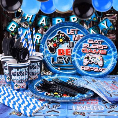 China Paper Blue Video Game Paper Plates, Cups, Napkins, Straws Tablecloth Balloons and Happy Birthday Banners Suitable for Gamer Birthday for sale