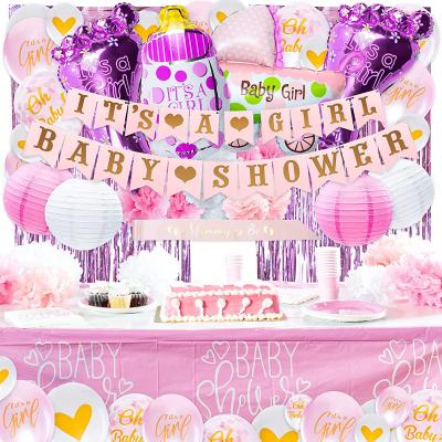 China Pink Baby Shower Paper Decorations for Girl - Cake Plate Banners Theme Happy Birthday Banner, Dishes, Napkins, Cup, Straws for sale