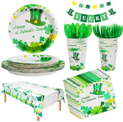 China Paper St Patrick's Day Party Supplies Green Clover Dessert Dishes Cups Napkins Knife Fork Spoon Birthday Disposable Set for sale