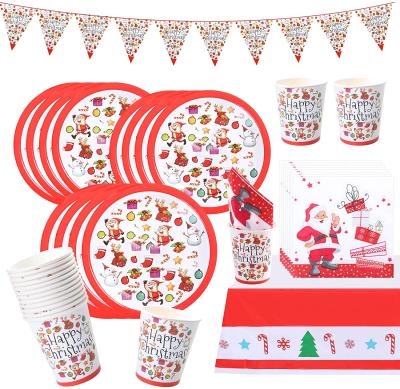 China Paper Christmas Party Supplies Set Tableware 77Pcs Christmas Party Plates Paper Cups Dishes Napkins Banner Tablecloth Serves 10 Guests for sale