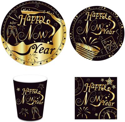 China Happy New Year Paper Party Supplies Black and Gold Dinner Dishes Cups Napkins Forks Knife Spoons for Birthday Christmas Tableware for sale