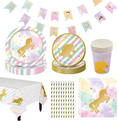 China Pe 65 PCs Unicorn Party Supplies Tableware Set Unicorn Paper Cups Plates Unicorn Napkins Party Plates Rainbow Tablecloth for sale