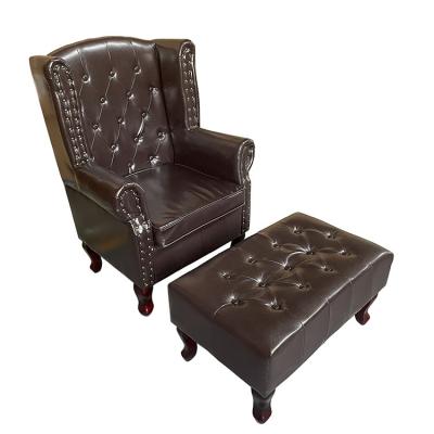 China (Other) Brown Leatherette Chesterfield Adjustable High Back Wing Chair With Ottoman for sale