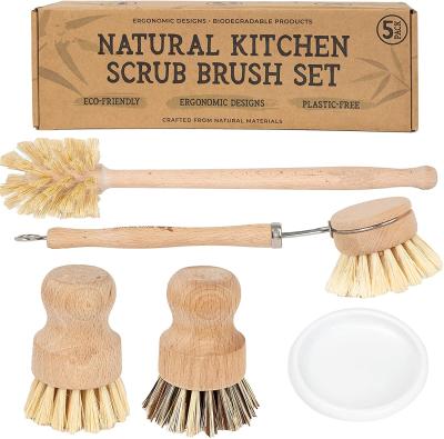 China Sustainable Kitchen Mini Set Dish Brush With 5 Piece Soap Dispenser Set Bamboo Pot Cleaning Brush With Long Wooden Handle for sale