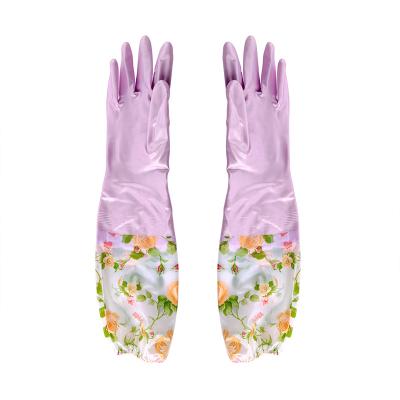 China Household Color Sleeve Cleaning Cotton Long Lined Household Cleaning Durable Rubber Gloves Waterproof Plastic Leather Gloves for sale