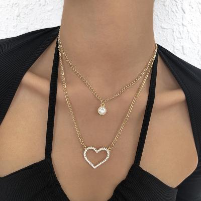 China Double Layered Heart Love Diamond Gold Chain Geometric Hollow Necklace Women Pendant Necklace for sale