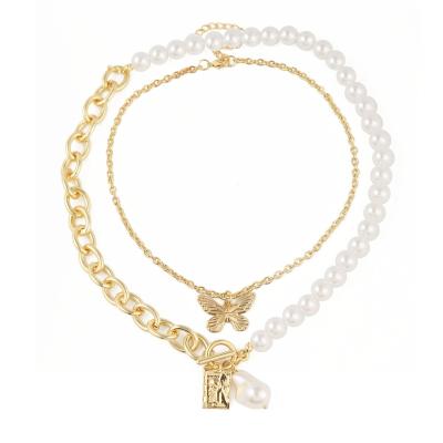 China FASHIONABLE Hot Selling Accessories Clavicle Chain Pearl Butterfly Female Simple Layered Pendant Necklace for sale