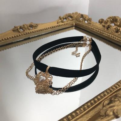 China Vintage Retro Velvet Black Fresh Love Double Layers Girl Choker Pendant Necklace for sale