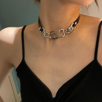 China 2021 New Fashion Trendy Female Neck Chain Necklace Metal Letter Choker Leather Necklace For Women for sale