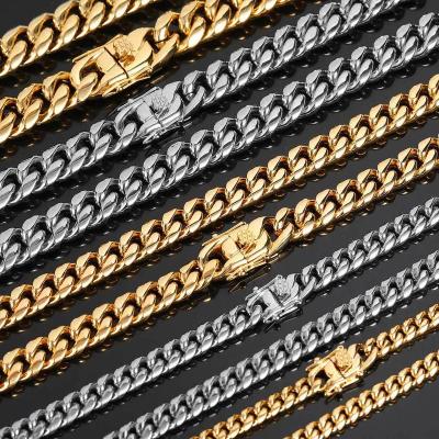 China Wholesale Hip Hop Stainless Steel 18k Cuban Link Gold Plated Chain Iced Out Miami Chokers Necklace Chain Cuban Chain For Men for sale