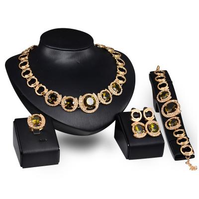 China Luxury Gem Rhinestone Circle Earrings Women Vintage Jewelry Set Pendant Necklace Bracelet Ring Jewelry Set for sale