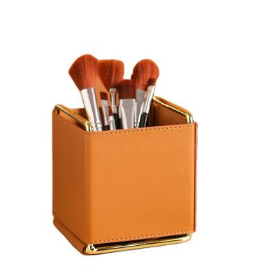 China Nordic Creative Simple Leather Desktop Organizer Makeup Brush Bucket Dressing Table Storage Box Desktop Pen Holder for sale