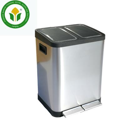 China Sustainable Manufacturer Kitchen 2 Compartments Stainless Steel Trash Can Recycle Foot Pedal Trash Can for sale