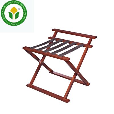 China Guest room traditional mahogany color hotel wooden luggage rack with leather straps for sale