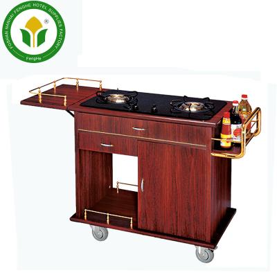 China Cherry Red Wooden Double Gas Stove Cooking Trolley Flambe Trolley For Hotel for sale