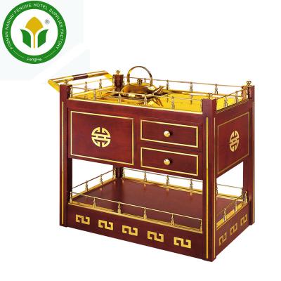 China 2 Tier Wooden Trolley Hotel Wine Trolley Gold Wooden Trolley Tea Service Trolley for sale