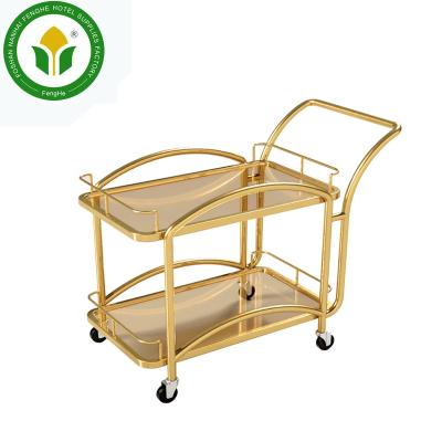 China Hotel supplies 2 tier metal wine cart antique gold liquor cart 1090*560*920 mm or customized for sale