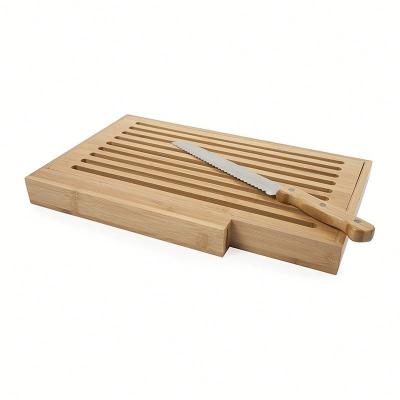 China Wholesale Disposable High Quality 100% Natural Bamboo Bread Board with Crumb Catcher Knife Block for sale