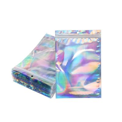 China Holographic Barrier Foil Zip Lock Bags Sample Pouch Resealable Gift Baggies For Jewelry Lip Gloss Eyelash Brush Pouch With Clear Window for sale