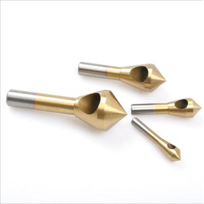 China HIGH SPEED STEEL titanium plated high speed 4pcs steel inclined hole chamfer 90 degree angle single hole deburring round shank drill for sale