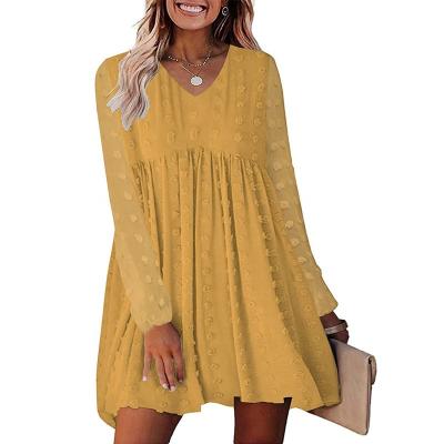 China Short Casual V-Neckline Flowy Dot Loose Fit Babydoll Dress Casual Swiss Mini Dresses Yellow Autumn Breathable Wholesale Women Long Sleeves for sale