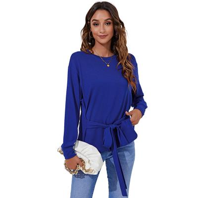 China 2021 New Arrival Viable Fashion Women's Simple Round Neck Long Sleeve T-shirt Tunic Tops With Belt for sale