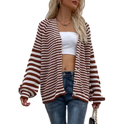 China QUICK DRY Women's Casual Striped Long Sleeve Lightweight Loose Long Knit Open Front Cardigan Sweater Coat for sale