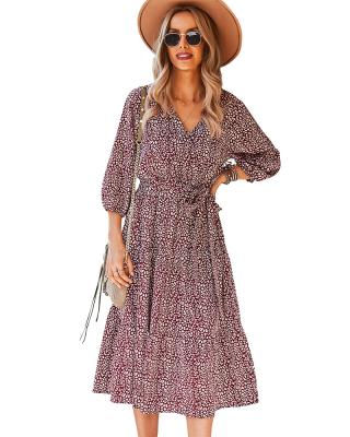 China Sustainable Women's Autumn Boho Midi Dress Casual Ruffle Floral Print Dress Long Sleeve High Waist Dresses for sale