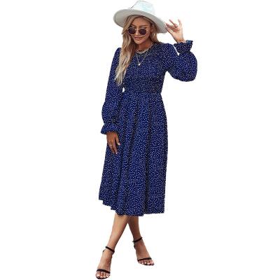 China Sustainable Women's Spring Stain Long Sleeves High Waist Crewneck Ruffle Midi Casual Dress for sale